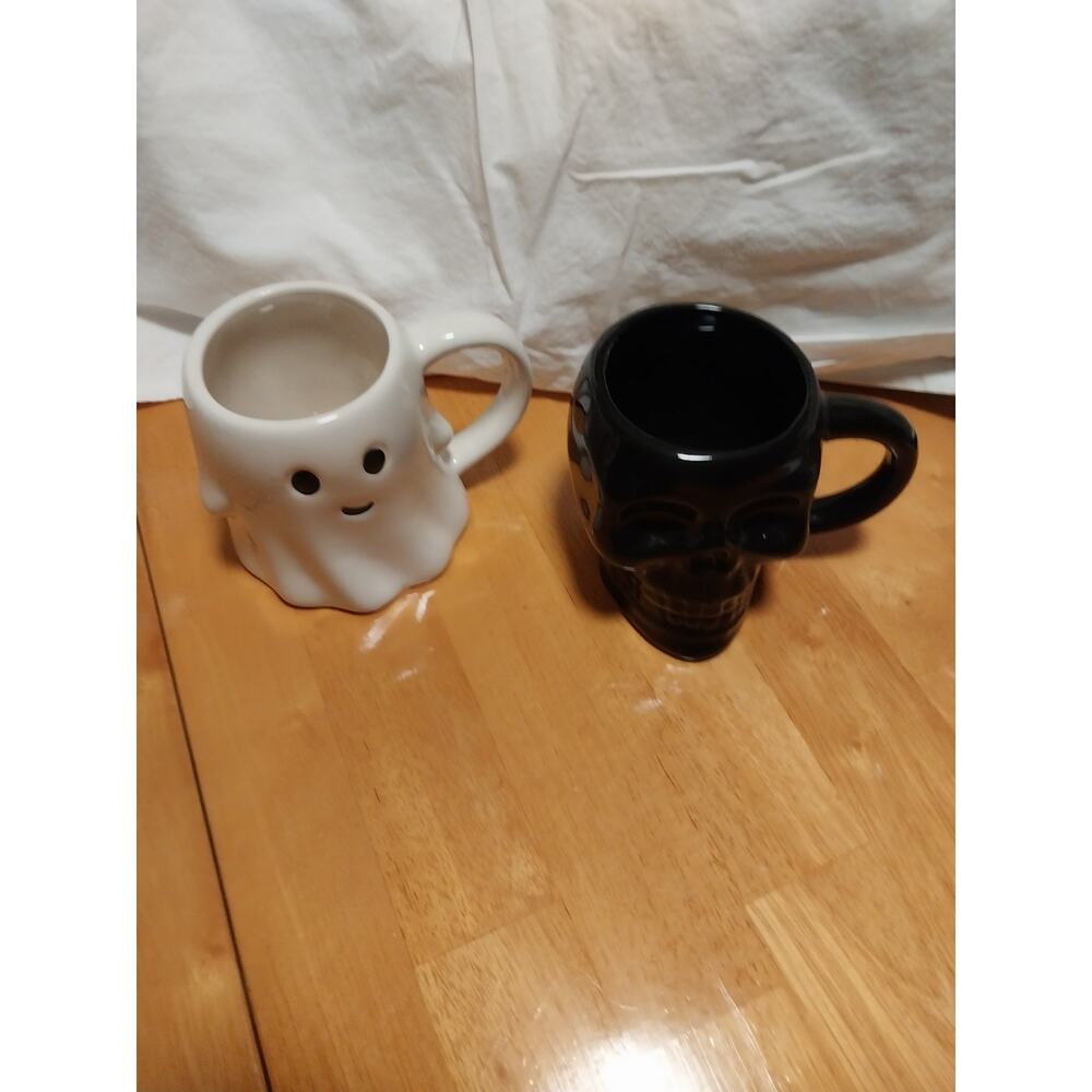 Halloween White Ghost/ Black Skull Coffee Mugs Lot Of 2